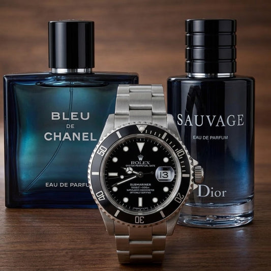 KIT PERFUMES X2 + RELOJ ROLEX PLATA NEGRO